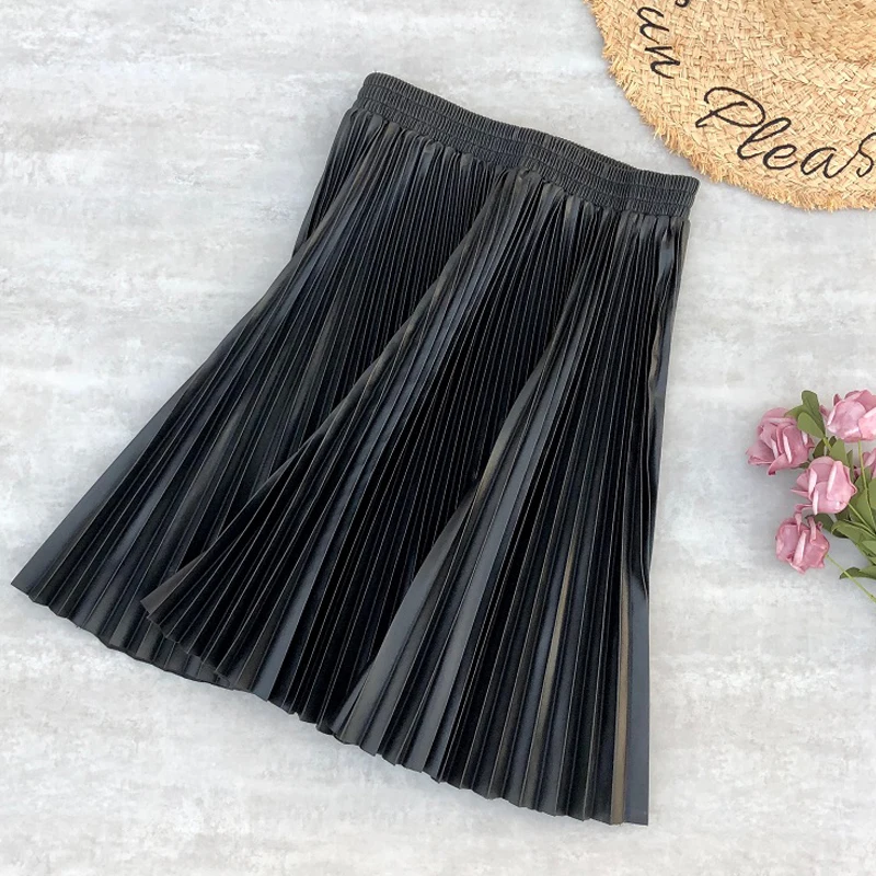 

Fashion PU Leather Mini Skirt Pleated Short Hip Hop Punk Streetwear Flare A Line High Waist Grey Black Women's Elastic Sakter