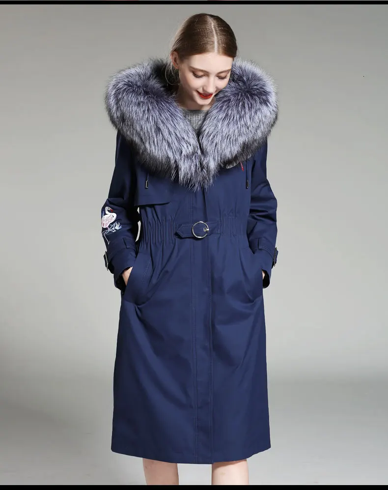 Зимняя куртка женская длинная парка пальто с натуральным мехом большой воротник из меха енота капюшон с вышивкой парки с натуральным кроличьим мехом верхняя одежда