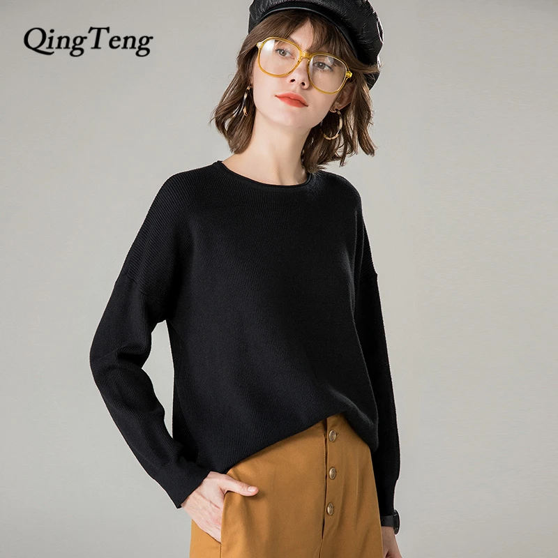 2019 осенне-зимний черный вязаный свитер для женщин среднего возраста свитер с вырезом лодочкой Женская Корейская одежда осенний пуловер