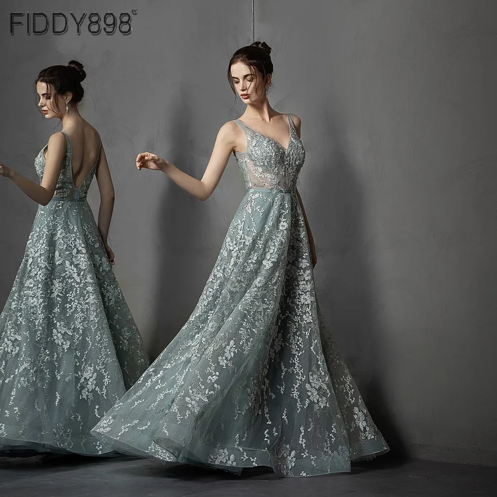 Luxurious Evening Dress 2020 A Line Lace Formal Evening Gown V Neck