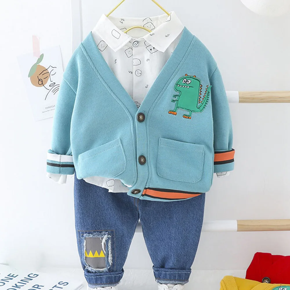AmyaBaby/комплект детской одежды; вязаный свитер с рисунком; блузка; брюки; комплект одежды из 3 предметов для маленьких мальчиков; Одежда для младенцев; Весенний костюм для мальчиков