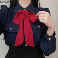 Womens Basic Office Lady Work Wear Sexy Semi Transaprent Cute Bow Tie Top Single Breasted Button Solid White Shirts Blouses 2