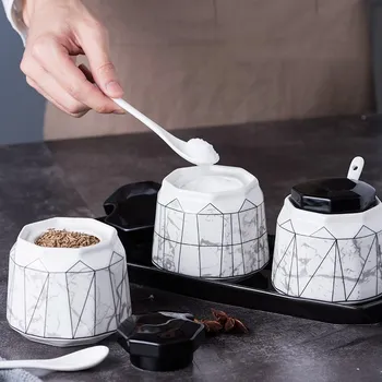 

Ceramic Seasoning Jar Salt Shaker with Lid Set Combination Kitchen Household Spice Box Salt Cans Two or Three Sets Nordic Style