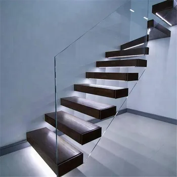 

customized indoor tempered glass and wooden staircase with Guardrail