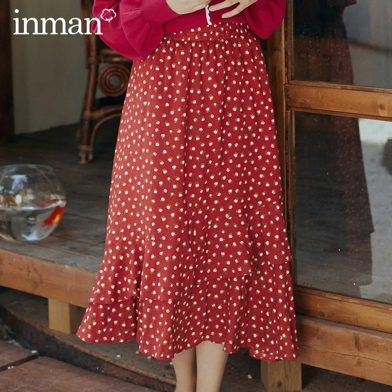 

INMAN 2020 Spring New Arrival Literary Retro Style Pastoral style Cake Pleated A Line Women Sweet Style Skirt