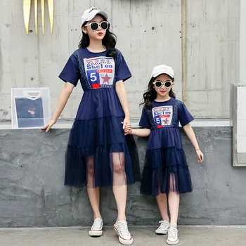 

Family Matching Outfits Mother Daughter Dresses Short Sleeve Children Girl Star Stitching Dress Mom Kids Family Matching Clothes