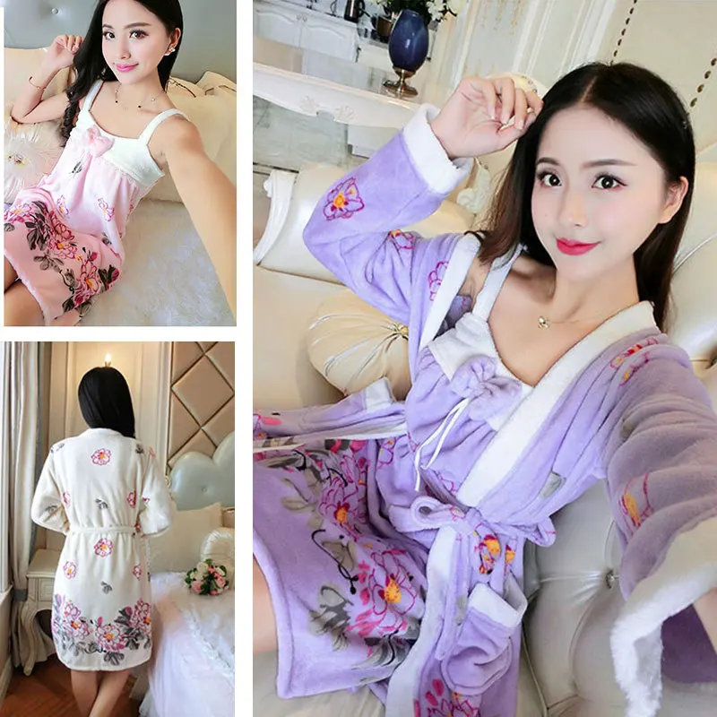 

Sweet Princess Style Robe Winter New Style 161 # Plum Flannel Piece Sexy Slip Nightdress Thick Bathrobe