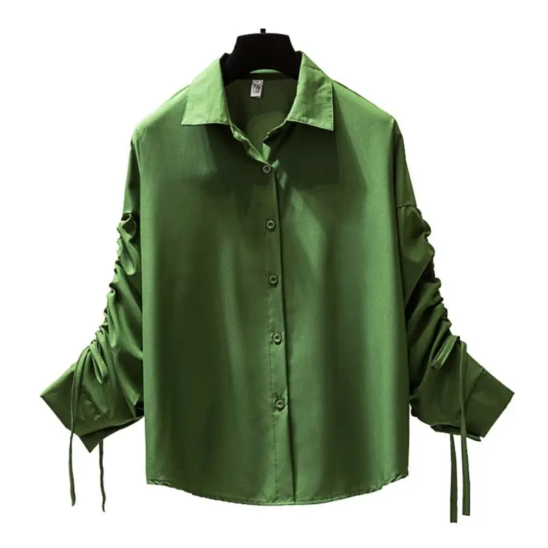 

Womens Plus Size Lace Up Drawstring Long Sleeves Blouse Lapel Collar Button Up V-Neck Office Tops Solid Color Loose Shirts M-4XL