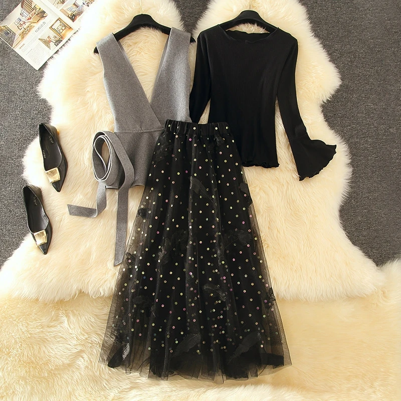

Autumn New Women Three Piece Set Flare Sleeve Sweater + Wool Ruffle Vest + Dot Long Feather Embroidery Sequin Mesh Skirt Suits