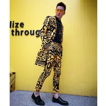 

Men Long Casual Slim Fit Suits Sets 2PCS (jacket+pant) Male Slim Fit Blazer Yellow Suit Jacket Nightclub Stage Singer DJ Clothes