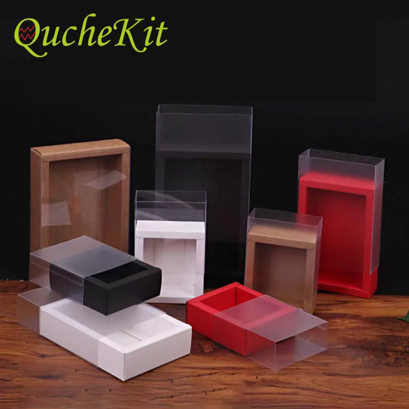 

20Pcs Kraft Paper Drawer Boxes DIY Gift Box with Tranparent PVC Sleeve Blank Candy Favor Packaging Wedding Gift Supply
