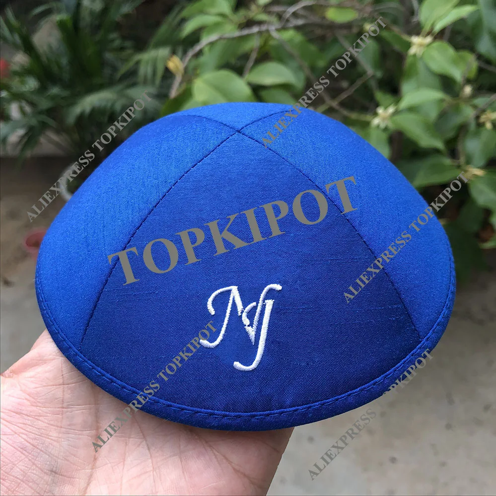 Королевский синий сырой шелк KIPPA с белым логотипом вышивки для свадьбы 01