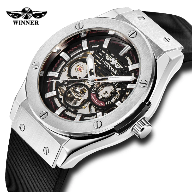 

Top Luxury Brand Winner Skeleton Watch 3D Bolt Rubber Strap Mechanical Watch Casual Sport relogio masculino
