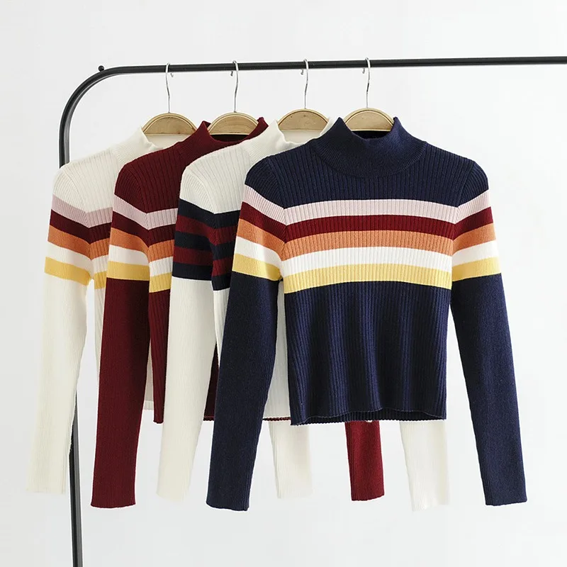 sweater Fashion Sweet Women Sweater stripes half-high collar rainbow strip knit long sleeve bottoming sweater Navy blue rainbow