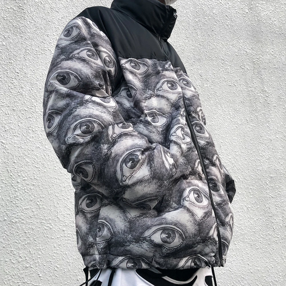 Мужская теплая зимняя куртка на молнии с хлопковой подкладкой, новинка, куртка-бомбер со стоячим воротником, свободная уличная парка с цифровой печатью