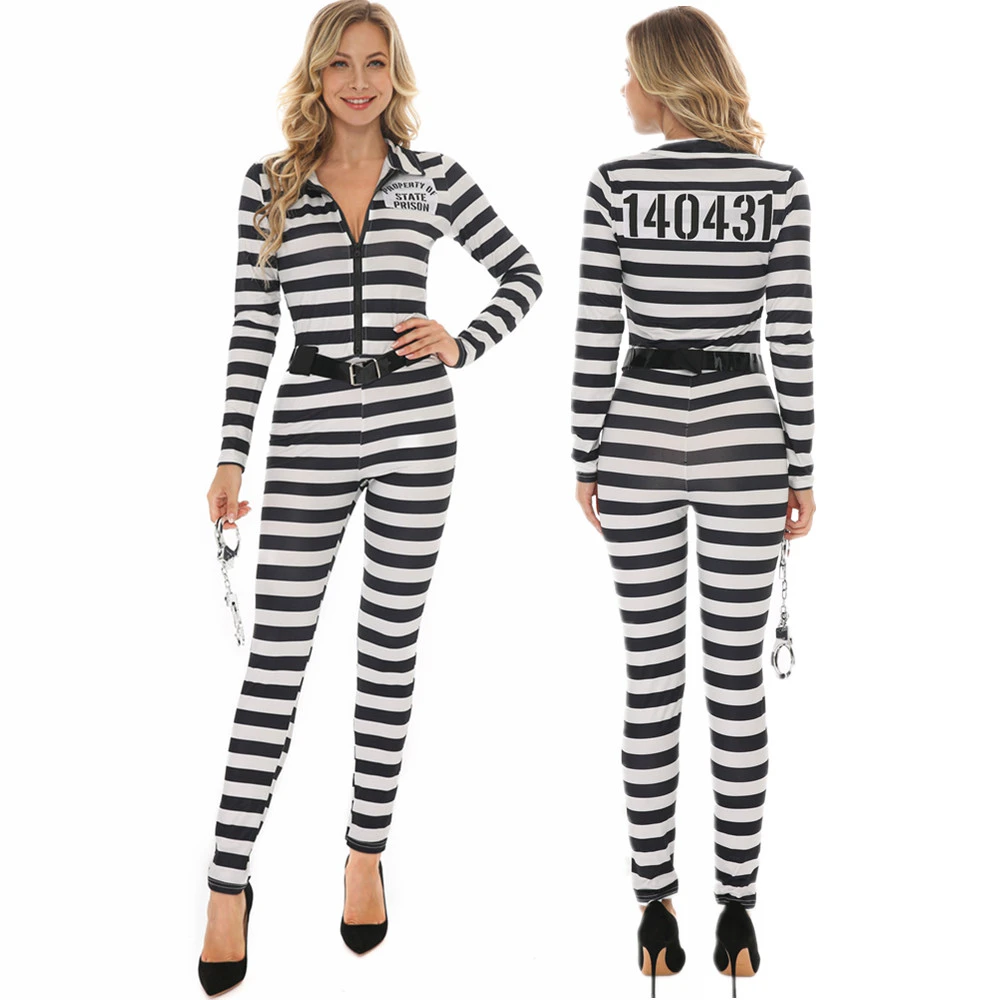 Women Prisoner Costume Escaped Prisoners Jumpsuit Striped Prison Inmate Halloween Cosplay