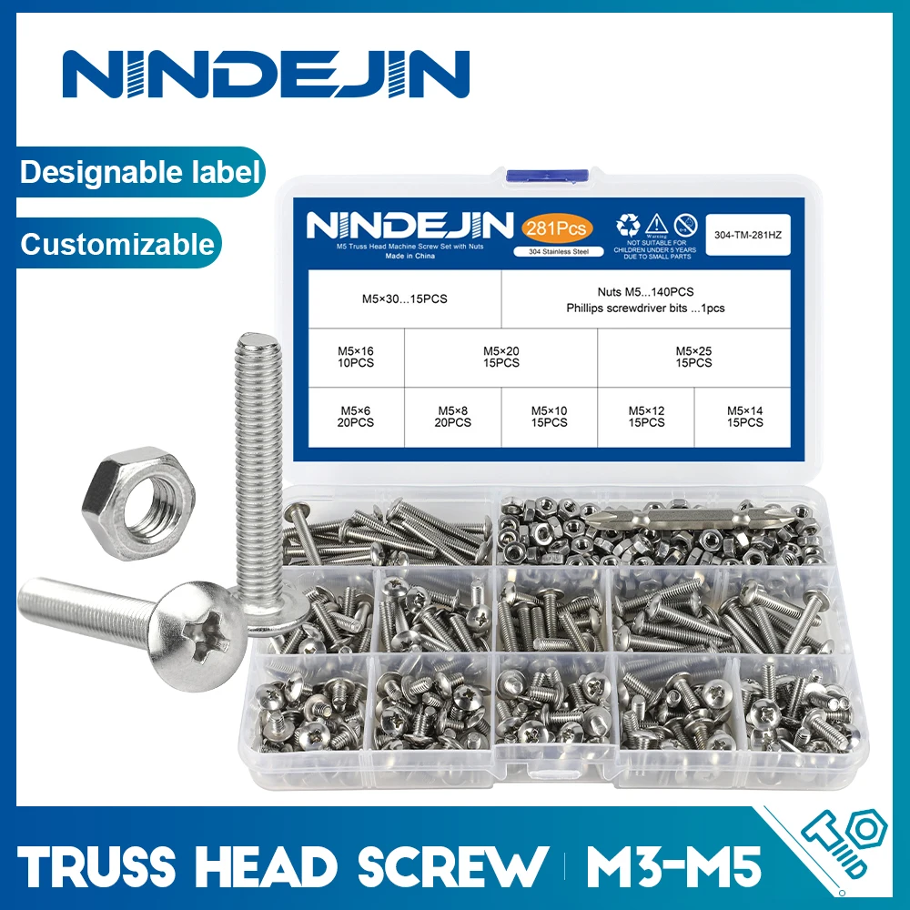 NINDEJIN Truss Round Head Screw Set Stainless Steel M3 M4 M5 Phillips Screw with Nuts Assortment Kit Machine Screw