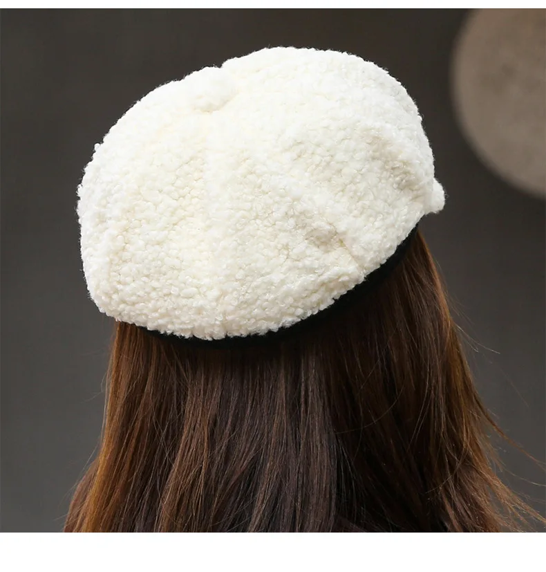 Winter Women's Cap Ladies Octagonal Hat Beret Lambswool Plush Warm Outdoor Female Visor Soft High Quality BT0057