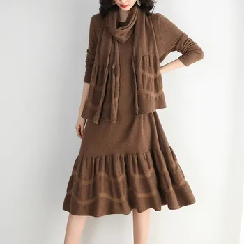 

Casual Sweater Dress with Scarf Mid-length Autumn Spring Long Sleeve Knitted Dresses Women's Clothing TA26992