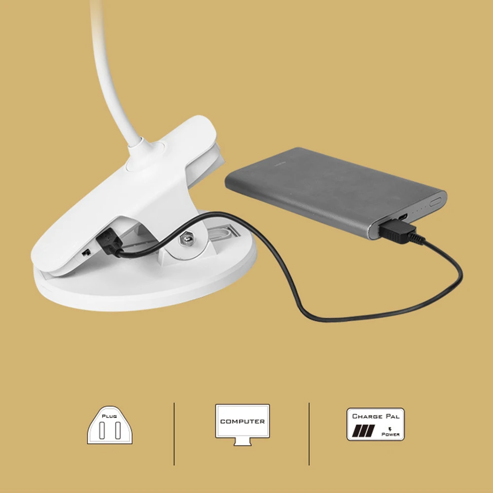 Светодиодный настольный светильник с зажимом, заряжаемый от USB, вращающийся на 360 градусов, защита глаз, сенсорный выключатель, Настольный светильник для комнаты, офиса
