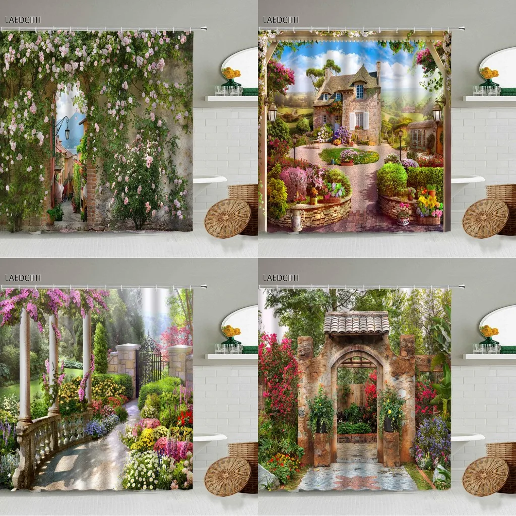 

Flower Street Scenery Shower Curtain Garden Green Plant Vines Greek Arched Old Wooden Door Bathroom Waterproof Screen Home Decor