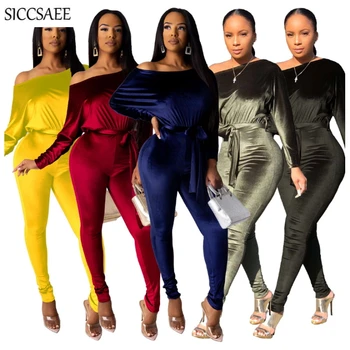 

Velour Jumpsuits For Women Pleuche Batwing Sleeve Bandage Bodycon Rompers Off Shoulder Solid Color Sashes Stretch Slash Neck