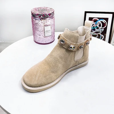 Beige Женские ботильоны из натуральной кожи; модные женские ботинки со стразами; коллекция года; сезон весна-осень; женские ботильоны ярких цветов; обувь на плоской подошве - Цвет: Beige