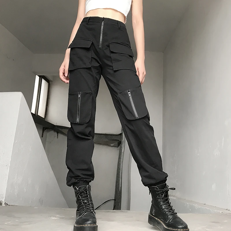 Pantalones De Mujer, повседневные хлопковые модные брюки-карго с карманами на молнии, женские брюки на плоской подошве с эластичной резинкой на талии, Iamhotty