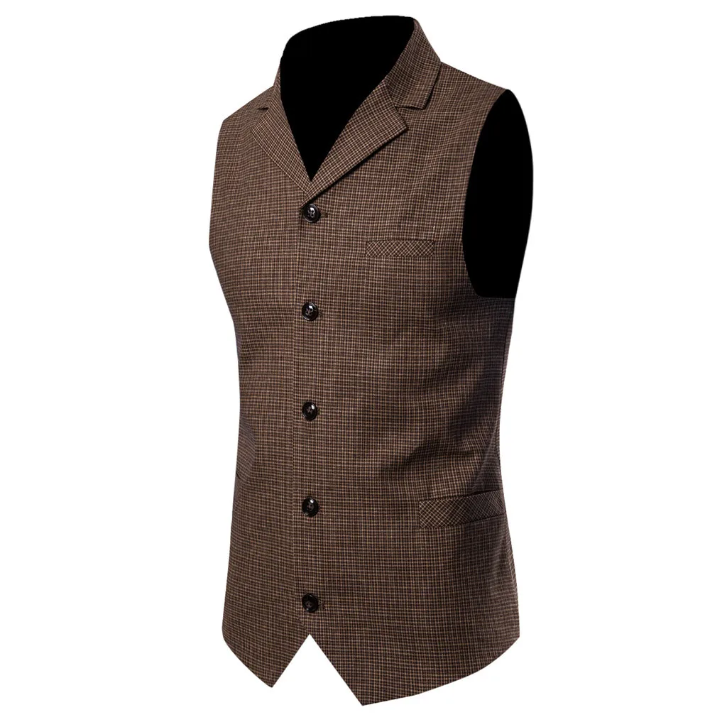 Men Fashion Business Smart Casual plaid double breasted vest Wedding Party Waistcoat Tops vintage gilet Jacket free shiping - Цвет: Coffee 10