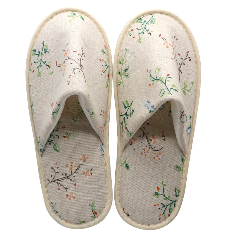 

1PC Hotel Disposable Slippers Women Fashion Printed Linen Slippers Home Guest Flip Flop Beauty Wedding Room Salon Slippers