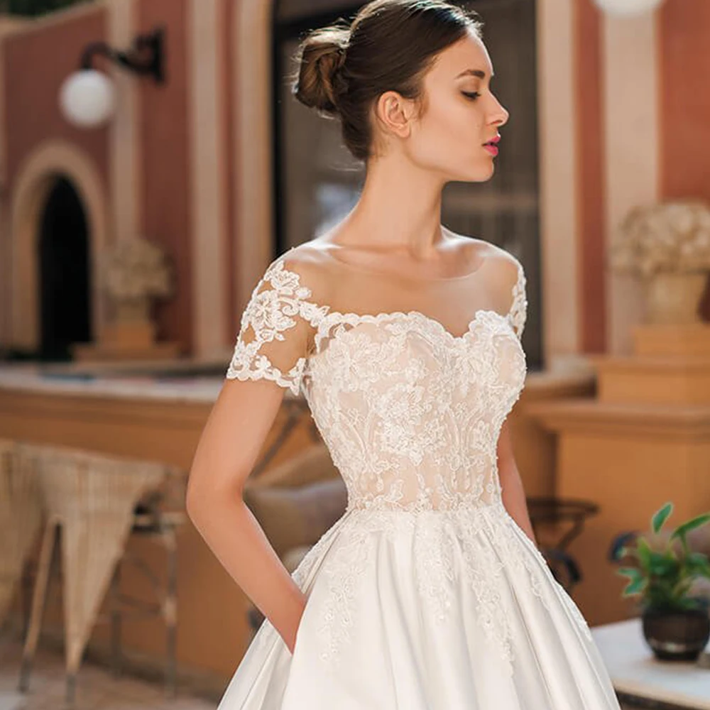 Vestido de Noiva роскошное свадебное платье трапециевидной формы с короткими рукавами 2019 атласная юбка простое платье с аппликацией свадебное