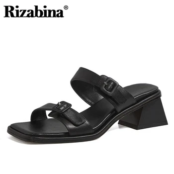 

Rizabina Women Genuine Real Leather Sandals Buckle Strap Open Toe Thick Heel Street Footwear Casual Shoes Female Size 34-39