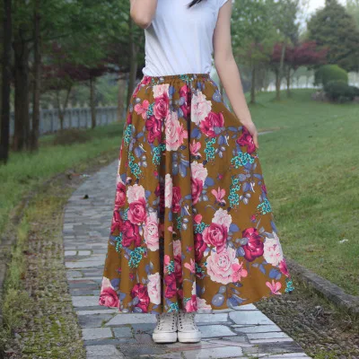 Летние повседневные длинные женские хлопковые льняные юбки с цветочным принтом SK009 - Цвет: gold