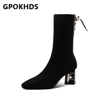 

GPOKHDS 2021 women Ankle boots Flock Winter short plush Square Toe High heels female boots size 39