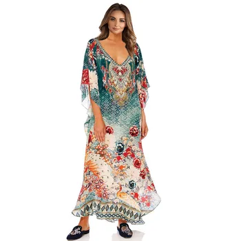 

Floral Print Beach Dress Women Kaftan Robe Loose Pareo Sarongs V-Neck Bikini Swimwear Tunic Swimsuit Bathing Suit Cover Ups Lady