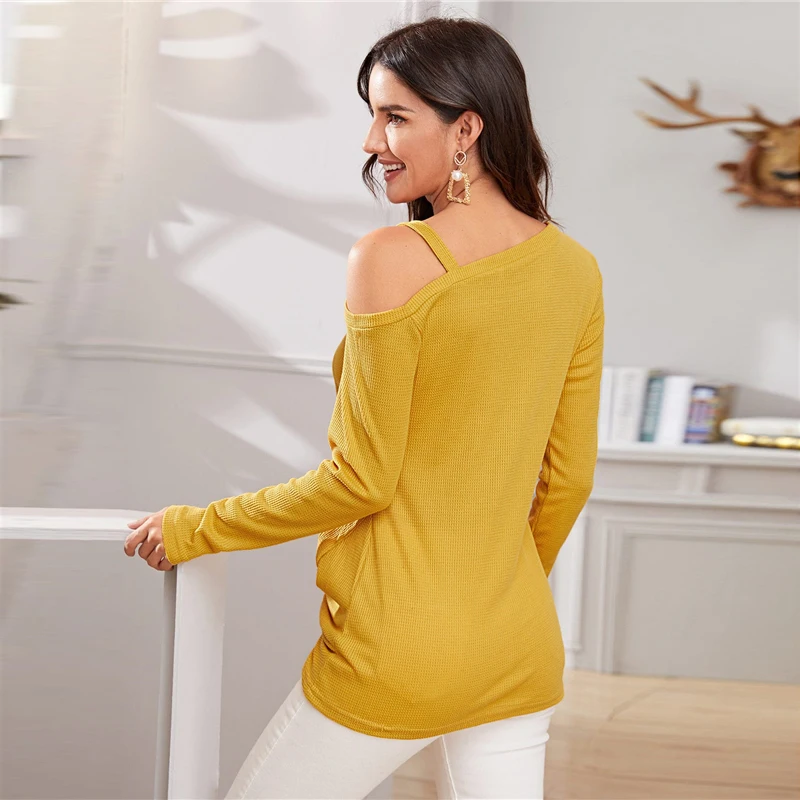 SHEIN желтый Асимметричный шеи твист низ свитер для повседневной носки Осенне-зимняя Дамская обувь в уличном стиле с длинным рукавом однотонные женские Свободные свитеры