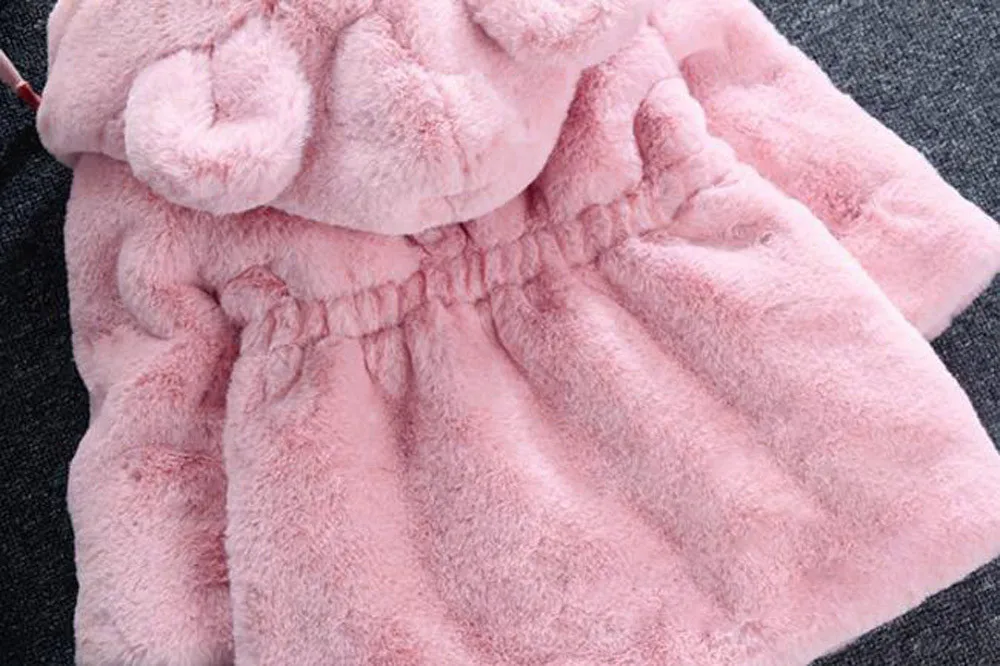 Меховые пальто для девочек; зимняя теплая утепленная детская верхняя одежда; пальто с капюшоном и милыми ушками; костюм для девочек; однотонная детская одежда; ветровка