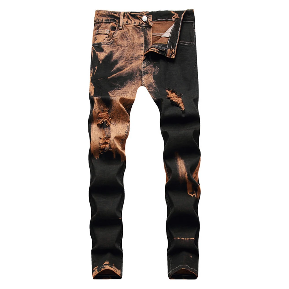 

Men Tie and Dye Stretch Cotton Denim Jeans Trendy Holes Ripped Middle Waist Straight Pants Plus Size Trousers