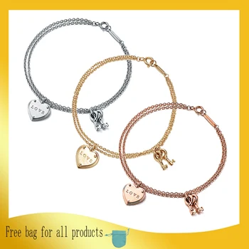 

1: 1 Original Model S925 Sterling Silver Bracelets Classic Fashion 3 Color Heart & Keys Bracelets Ladies Jewelry Birthday Gift