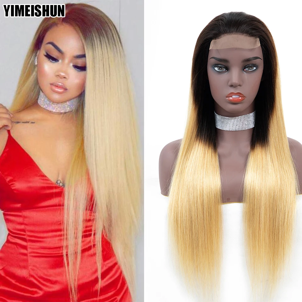 

YIMEISHUN 4X4 Closure Wig Straight 1B 27 Human Hair Wig Ombre T Part Lace Wig Human Hair Brazilian Hair Wigs For Black Women