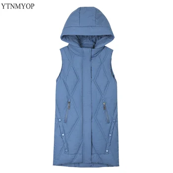 

YTNMYOP 2019 Casual Long Vest Jacket Coat Women Hooded Warm Waistcoat Outwear Down Cotton Vest Winter Sleeveless Jacket