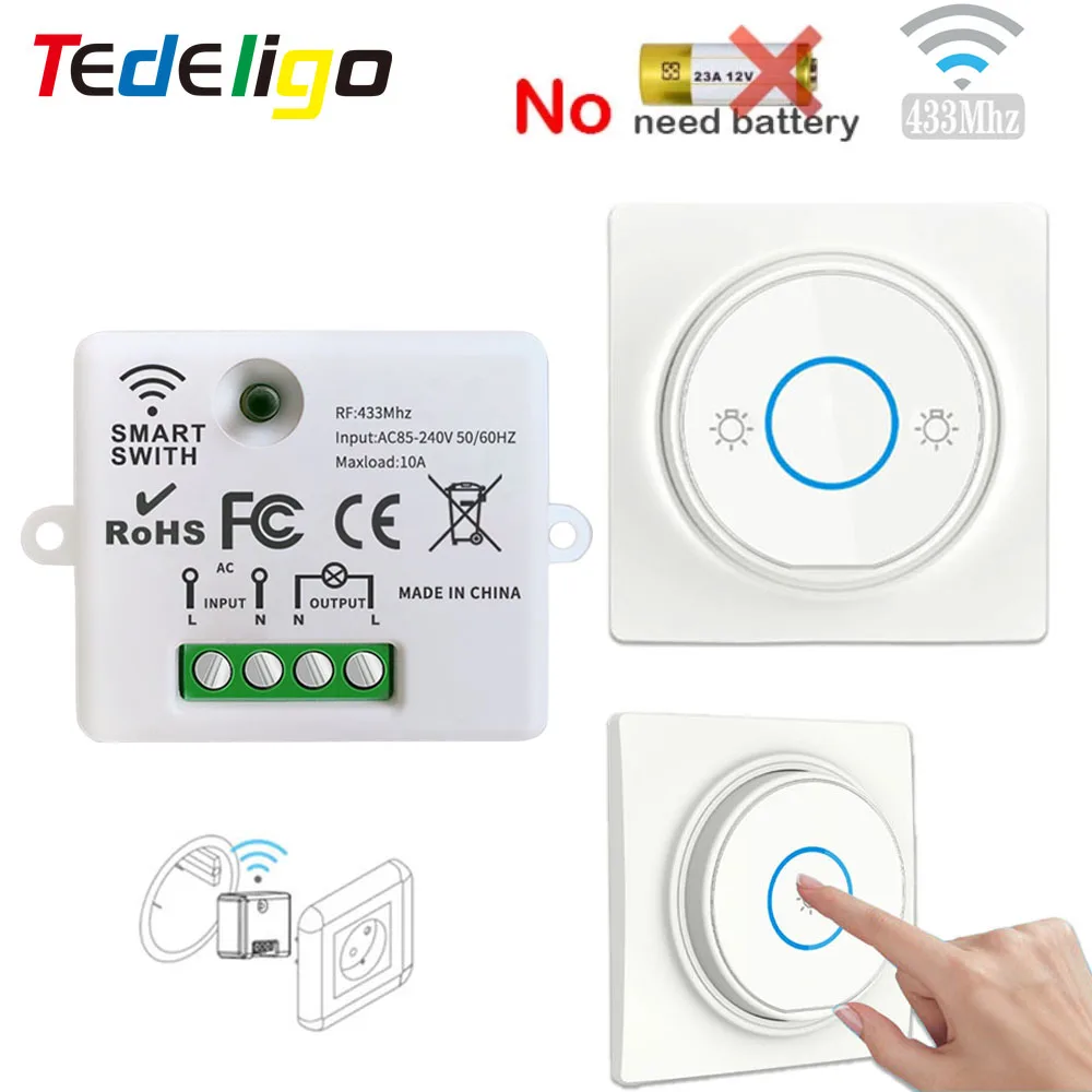 433Mhz Self Powered Wireless Light Switch 220V 10A Mini Relay Receiver Remote ON OFF for Home Appliance Celing Lamp Fan | Обустройство