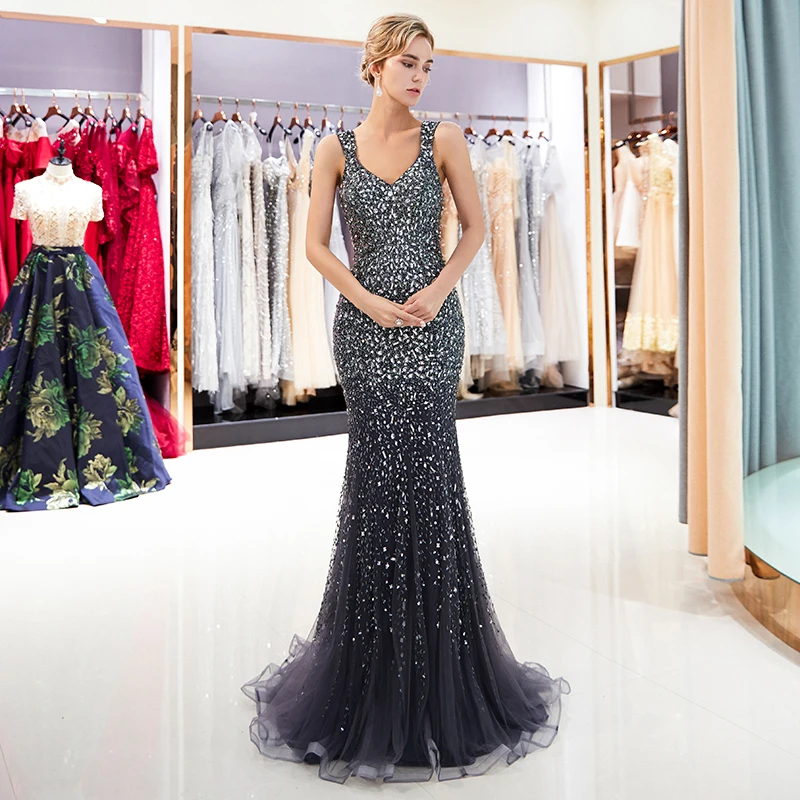 Блестящие с кристаллами для платья для выпускного Спагетти ремень v-образный вырез расшитый бисером цвета шампань вечернее платье Русалка