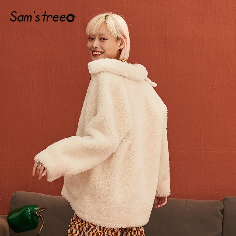 SAM'S TREE/розовое однотонное теплое Женское пальто из овечьей шерсти с локомотивным паровозиком зимняя белая однобортная верхняя одежда для женщин
