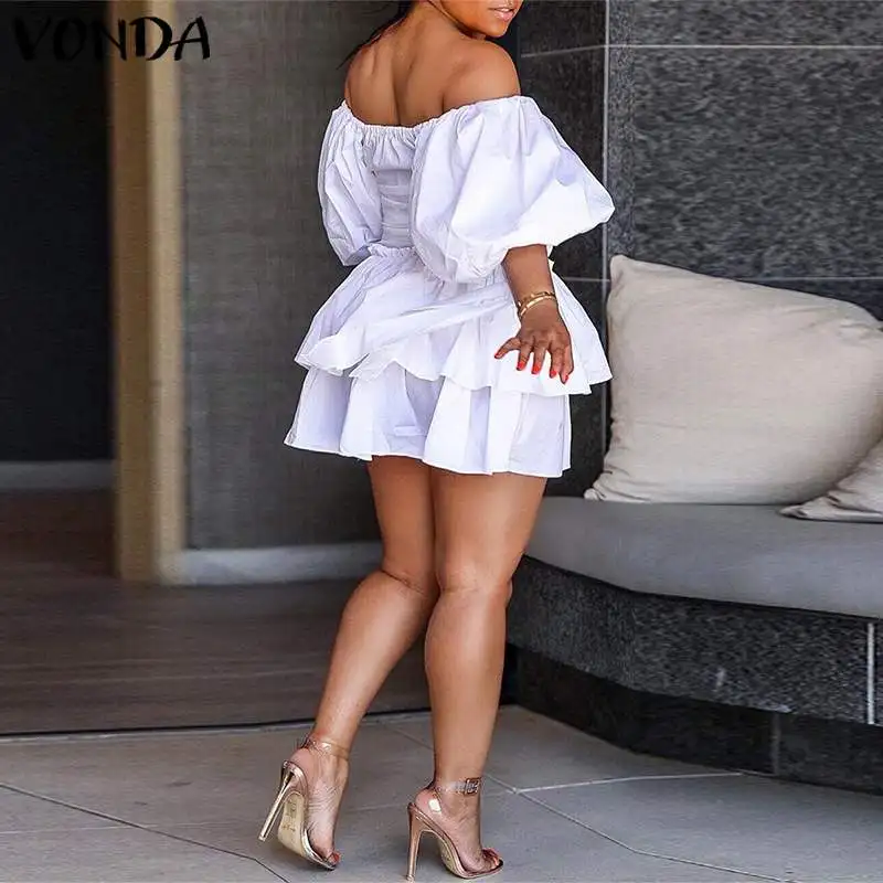 VONDA, женское мини платье размера плюс, сексуальные, с открытыми плечами, вечерние, короткие платья, лето, Повседневный Сарафан, рукав-фонарик, Vestidos S-5XL