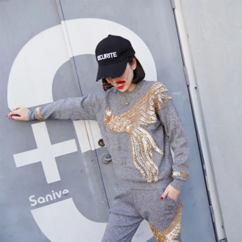 High QQuality Women Autumn Winter Beading Sequined Pattern Long Sleeve Knitted Pullover Tops Trousers 2PCS Clothing Sets