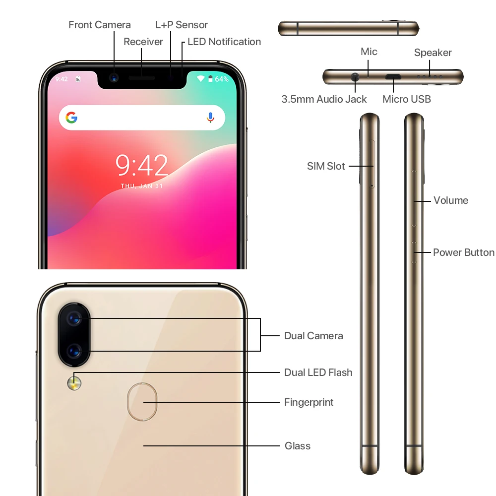 UMIDIGI A3 Pro глобальная полоса Android 9,0 5," 19:9 полноэкранный мобильный телефон 3 ГБ+ 32 ГБ 12 Мп+ 5 Мп разблокировка лица двойной 4G смартфон