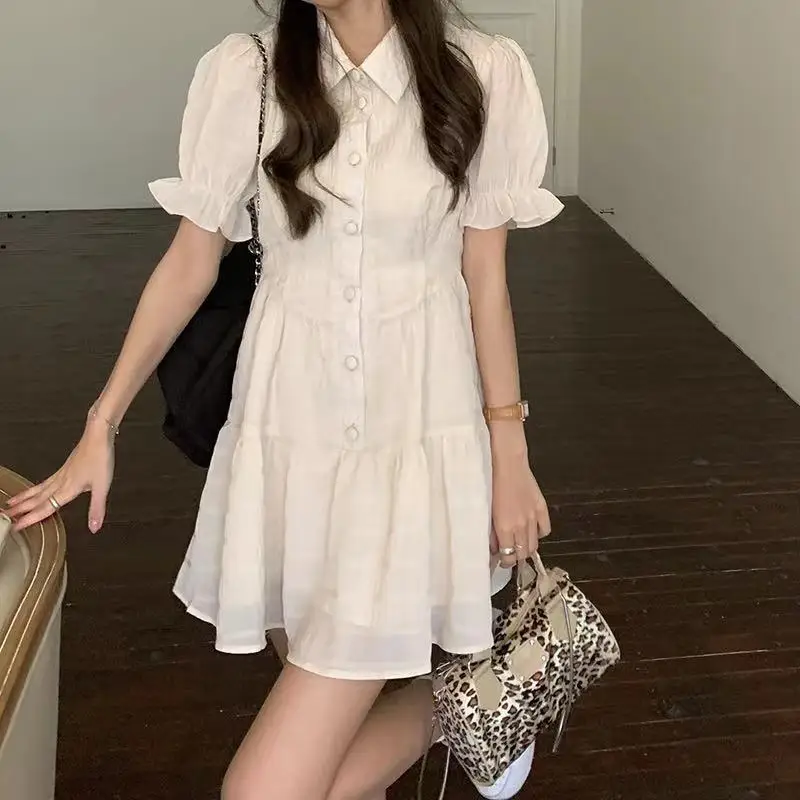 Short Petal Sleeve Dress Women Solid Simple All-match Basic Mini Single Breasted A-line Dresses Preppy Style Ins Sweet Fashion white dress