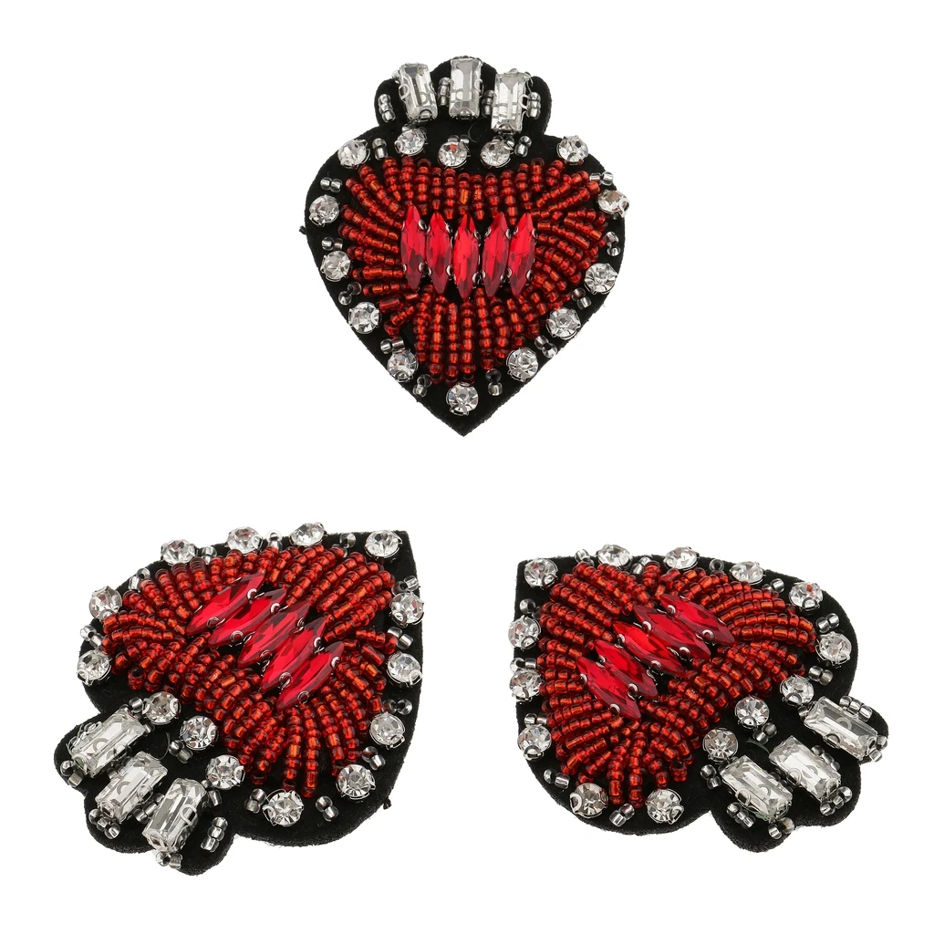 3Pcs Heart Design Applique Beaded Crystal Motifs Diamond Rhinestones Patches Sewing Apparel Accessories