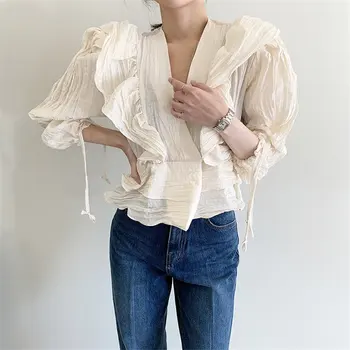 

HziriP Elegance Women Vintage Ruffles Pleated 2020 High Street V-Neck Women All Match High Waist Loose Office Lady Chic Shirts